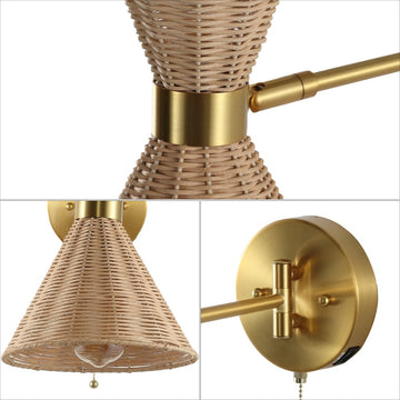 Lily 25" 1-Light Mid-Century Vintage Retro Rattan/Metal USB Charging Swing Arm LED Sconce with Pull Chain - JONATHAN Y